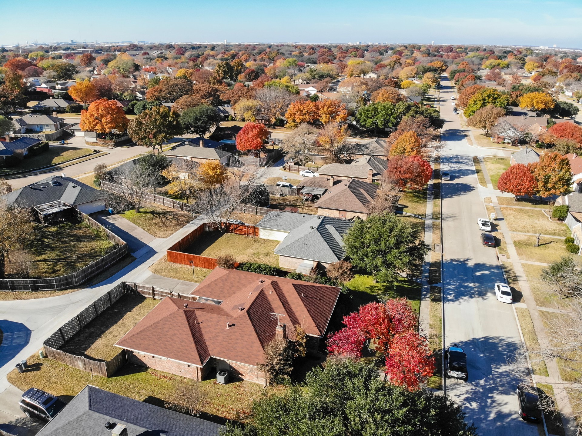 Aerial view residential neighborhood in fall season in Texas, America